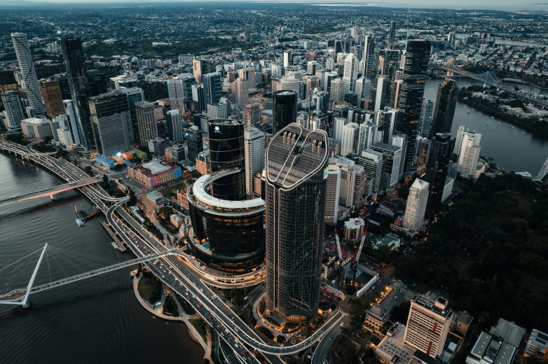 An aerial image of Brisbane central business district with a focus on 1 William Street.